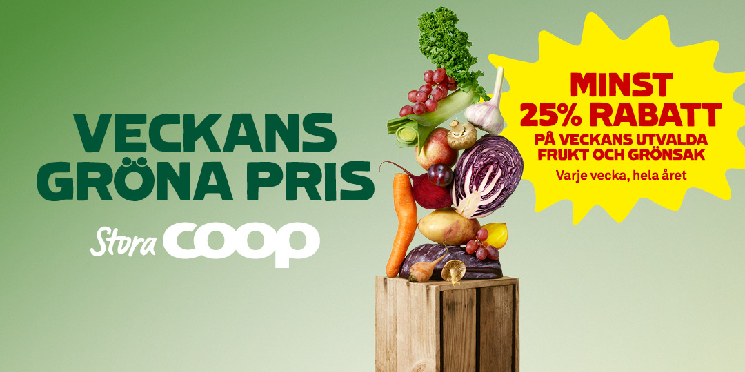 Nyhet! Veckans gröna pris på Stora Coop. Minst 25% rabatt på veckans utvalda frukt och grönsak. Varje vecka, hela året.
